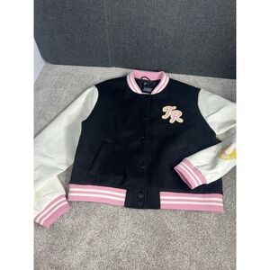 True Religion Varsity Jacket Womens XL Faux Leather Pink Logo Snap Jacket Patch